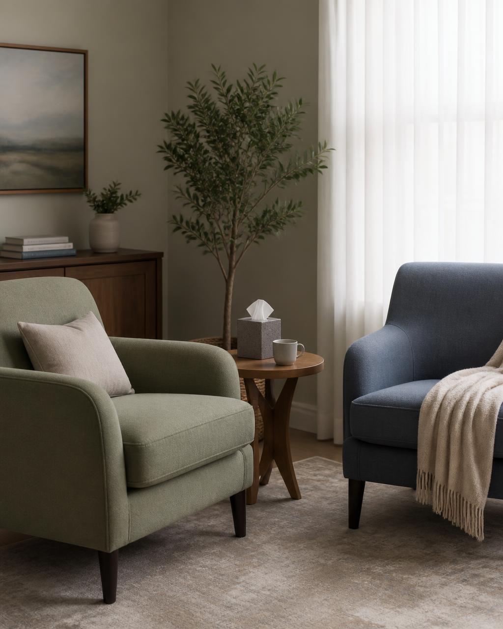 Calm therapy room with soft sage and blue armchairs and natural light
